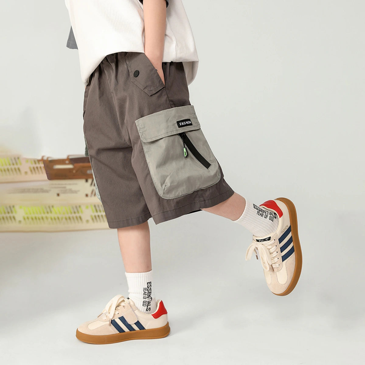 Boys Brown Elasticated Waist Shorts with Contrast Flap Pockets Shorts