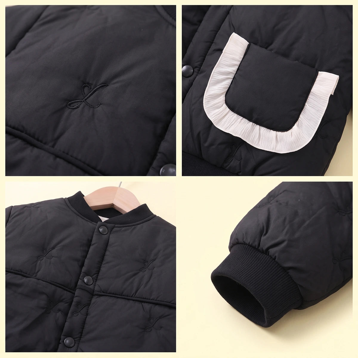 Girls Black Embroidered Long Sleeve Jacket Coats & Jackets
