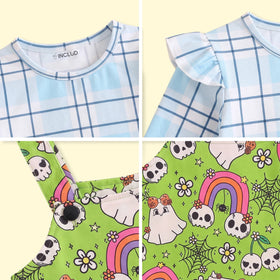 Girls Green Halloween Print Pinafore Dress with Plaid Top Casual Dresses