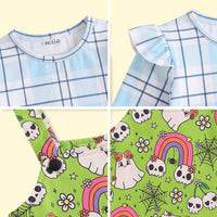 Girls Green Halloween Print Pinafore Dress with Plaid Top Casual Dresses