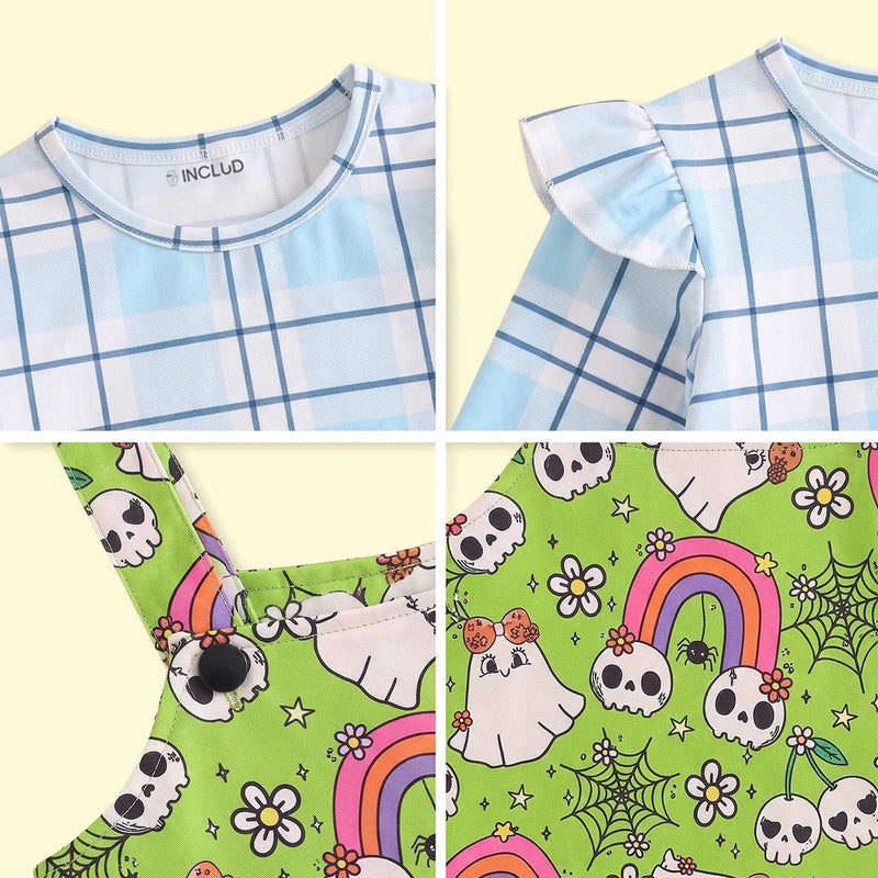 Girls Green Halloween Print Pinafore Dress with Plaid Top Casual Dresses