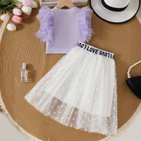 Girls Purple Crop Top With Polka Dot Printed Tulle Overlay Skirts Set Sets