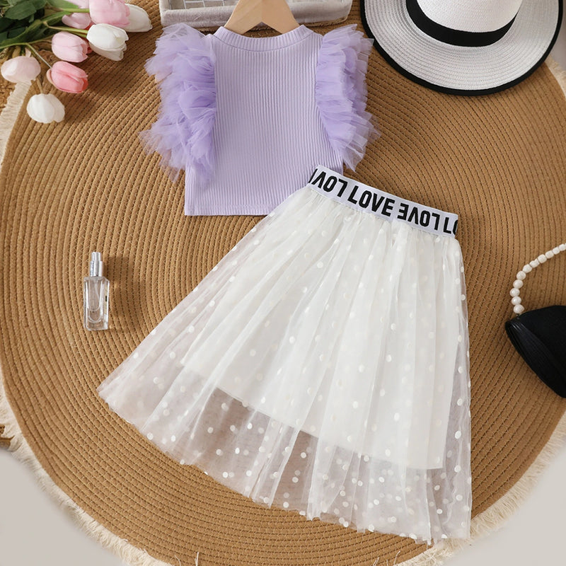 Girls Purple Crop Top With Polka Dot Printed Tulle Overlay Skirts Set Sets
