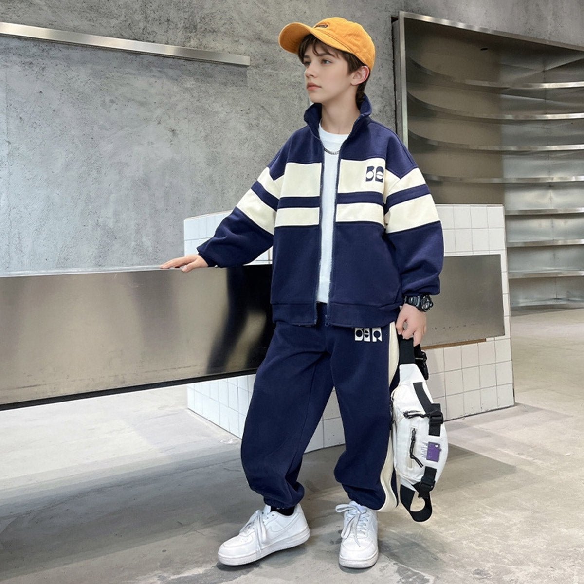 Boys Navy Blue Colorblocked Front Open Jacket With Pants Sets 2 pc. Sets Navy Blue 5-6 Y