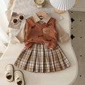 Girls Light Brown Collared Top With Knitted Vest & Checked Skirt sets Sets Light Brown 6-9 M