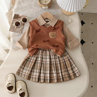 Girls Light Brown Collared Top With Knitted Vest & Checked Skirt sets Sets Light Brown 6-9 M