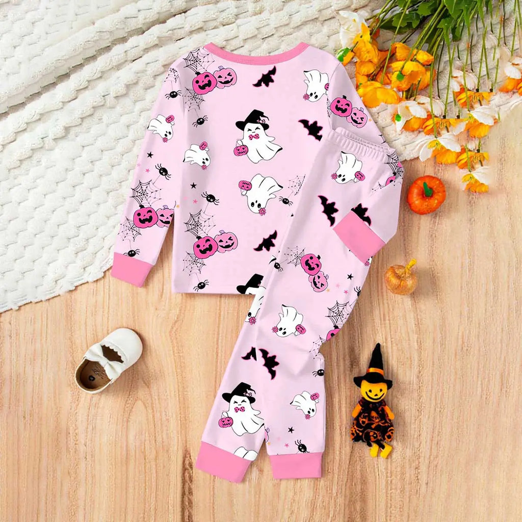 Girls Pink Halloween Theme Printed T-Shirt With Jogger Co-ord Sets 2 pc. Sets