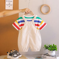 Boys Dinosaur Applique Short Sleeve Striped T-Shirt With Beige Dungaree Sets 2 pc. Sets