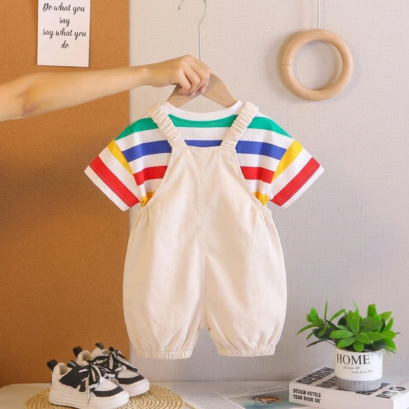 Boys Dinosaur Applique Short Sleeve Striped T-Shirt With Beige Dungaree Sets 2 pc. Sets