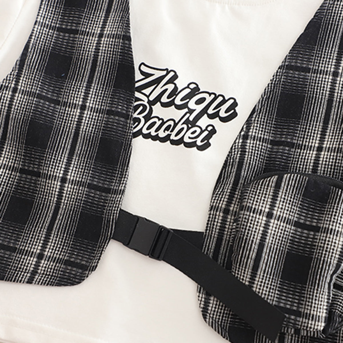 Boys Black Checked Mock Waistcoat T-Shirt With Shorts Set 2 pc. Sets