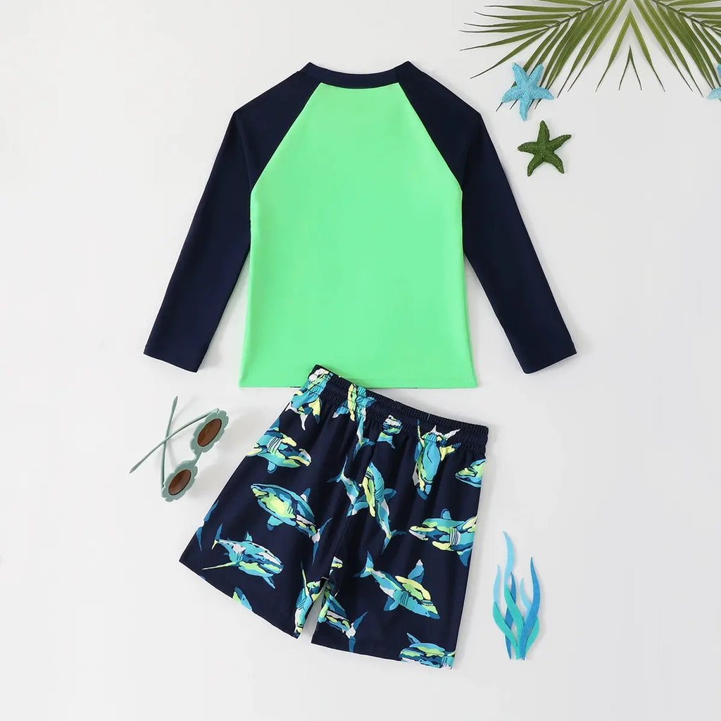 Boys Green Shark Printed Long Sleeves T-Shirt & Shorts Swimsuit Sets Sets
