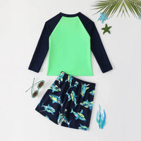 Boys Green Shark Printed Long Sleeves T-Shirt & Shorts Swimsuit Sets Sets