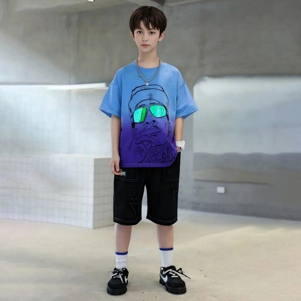 Boys Blue Graphics Short Sleeves T-Shirt With Shorts Set Sets Blue 5-6 Y