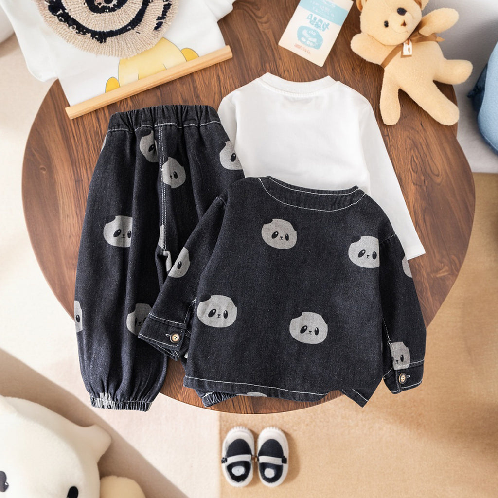 Boys Black Panda Printed Denim Jacket With T-Shirt & Joggers Set Sets