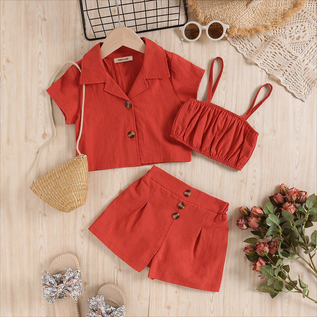 Girls Camisole Top With Crop Shirt & Shorts Set