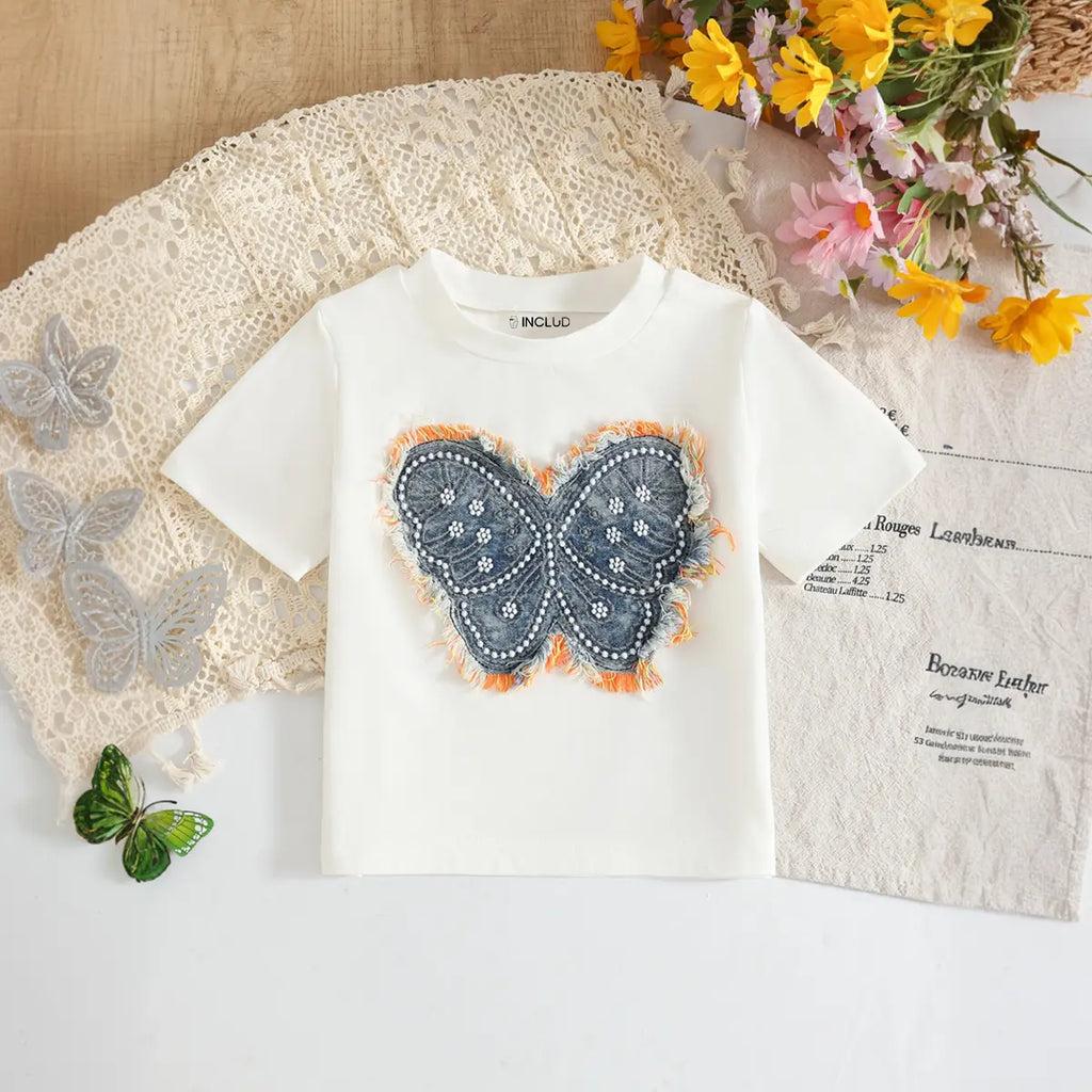 Girls Blue Butterfly Applique T-Shirt With Embroidered Denim Skirt Sets Sets