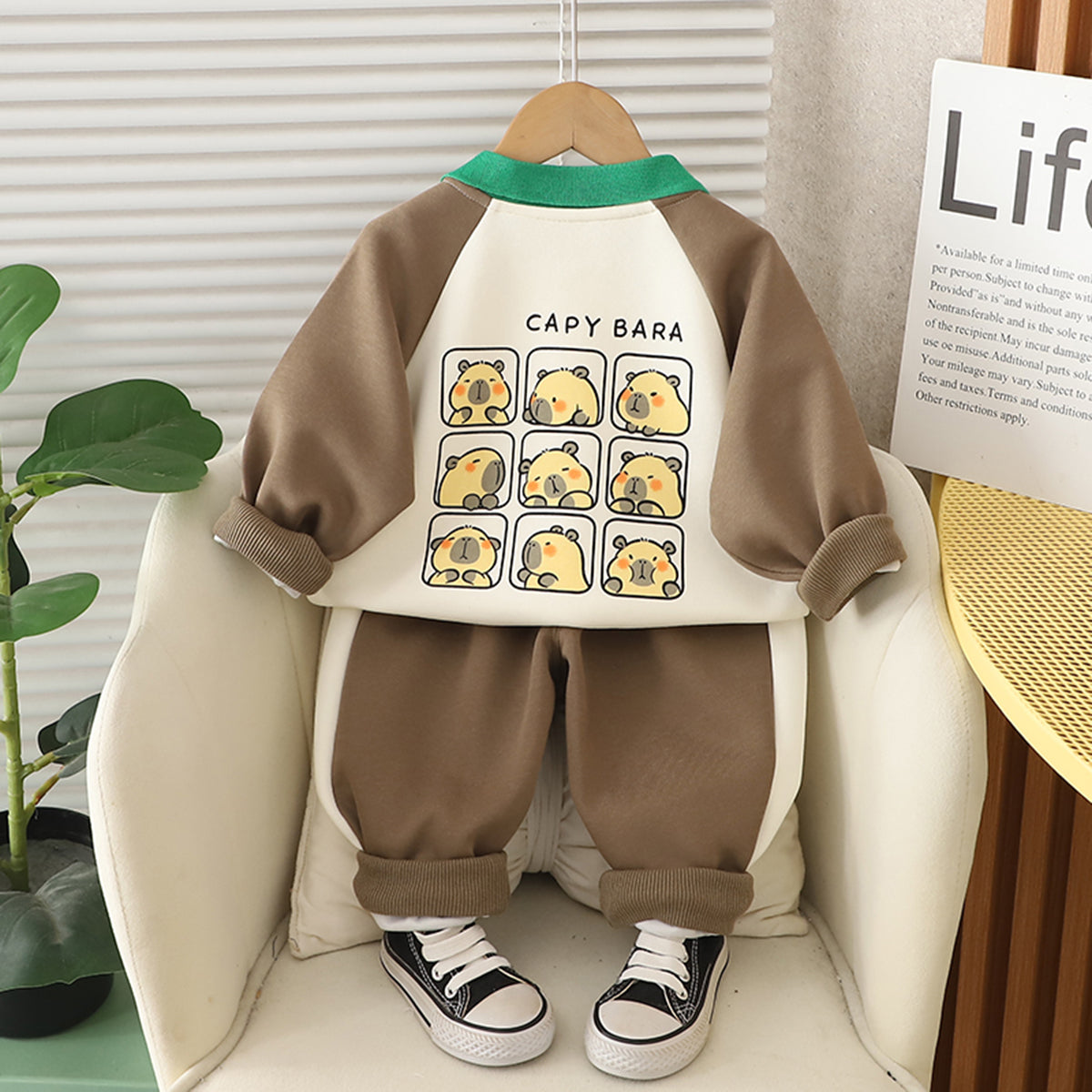 Boys Brown Capybara Printed Polo Neck Sweatshirt With Pant Set 2 pc. Sets