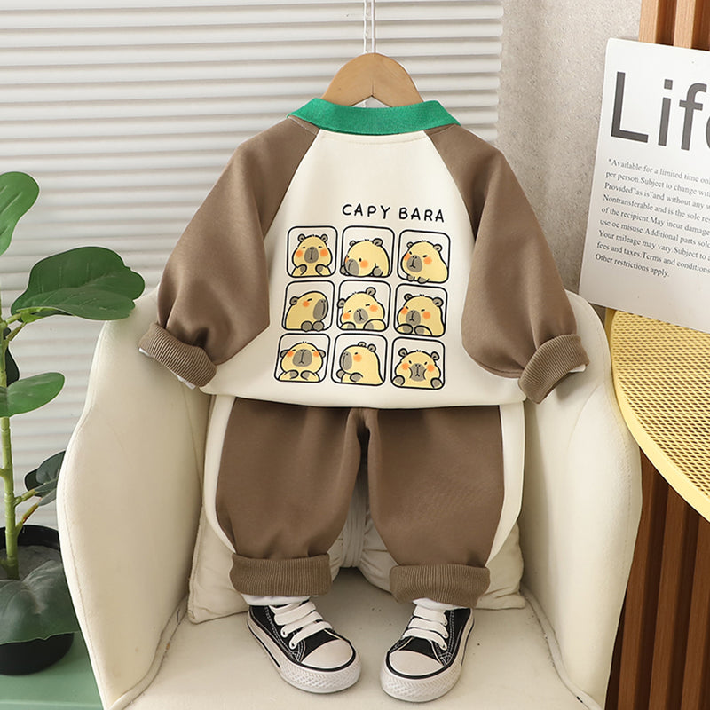 Boys Brown Capybara Printed Polo Neck Sweatshirt With Pant Set 2 pc. Sets