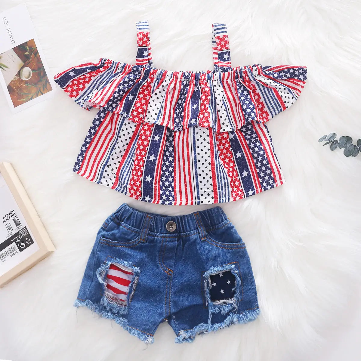 Girls Multicolor Stripes Off-shoulder Top With Ripped Denim Shorts Sets Sets