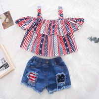 Girls Multicolor Stripes Off-shoulder Top With Ripped Denim Shorts Sets Sets