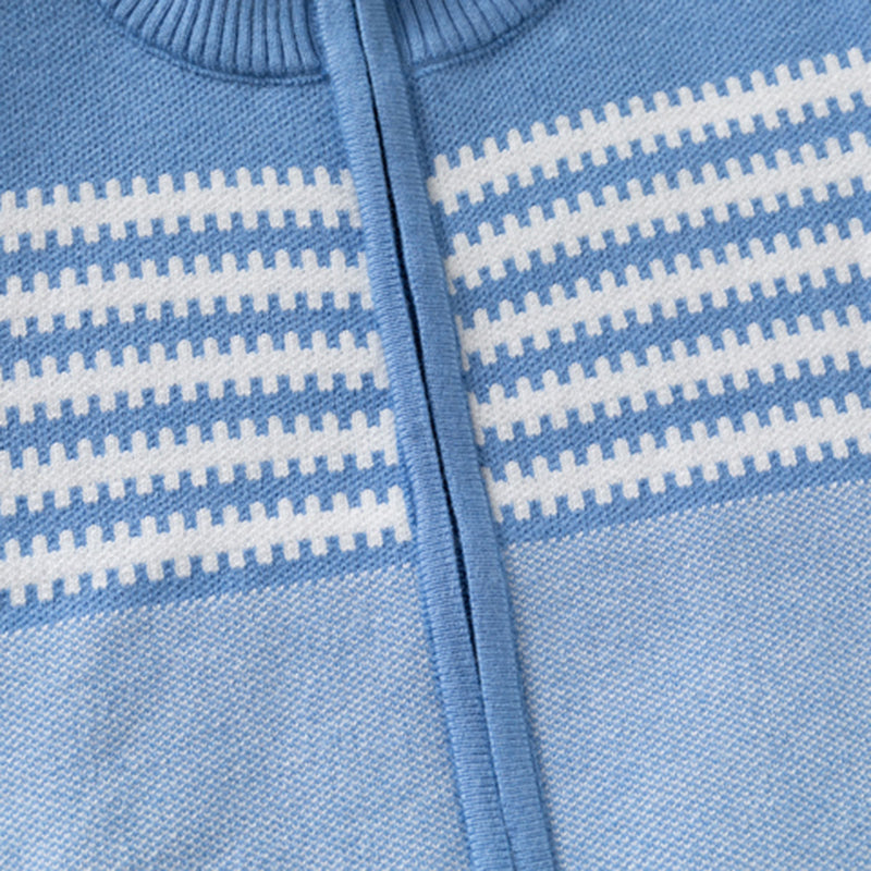 Boys Light Blue Front Zipper Cardigan With Self-Design Stripe Patterns Sweaters & Cardigans