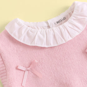 Girls Pink Applique Sweater Vest & Top With Denim Pants Sets Sets