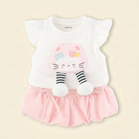 Girls White Kitty Applique Top With Shorts Sets Sets