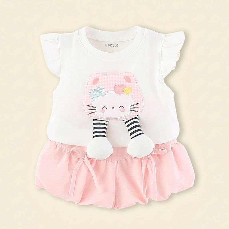 Girls White Kitty Applique Top With Shorts Sets Sets