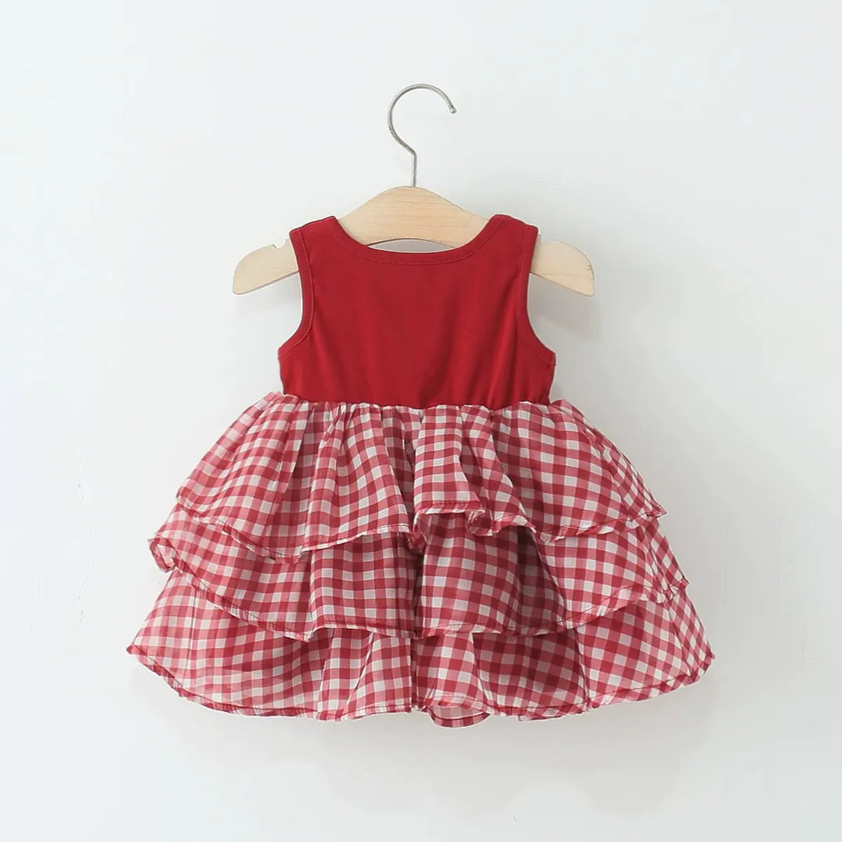 Girls Red Checked Sleeveless Tiered Fit & Flare Dress Casual Dresses