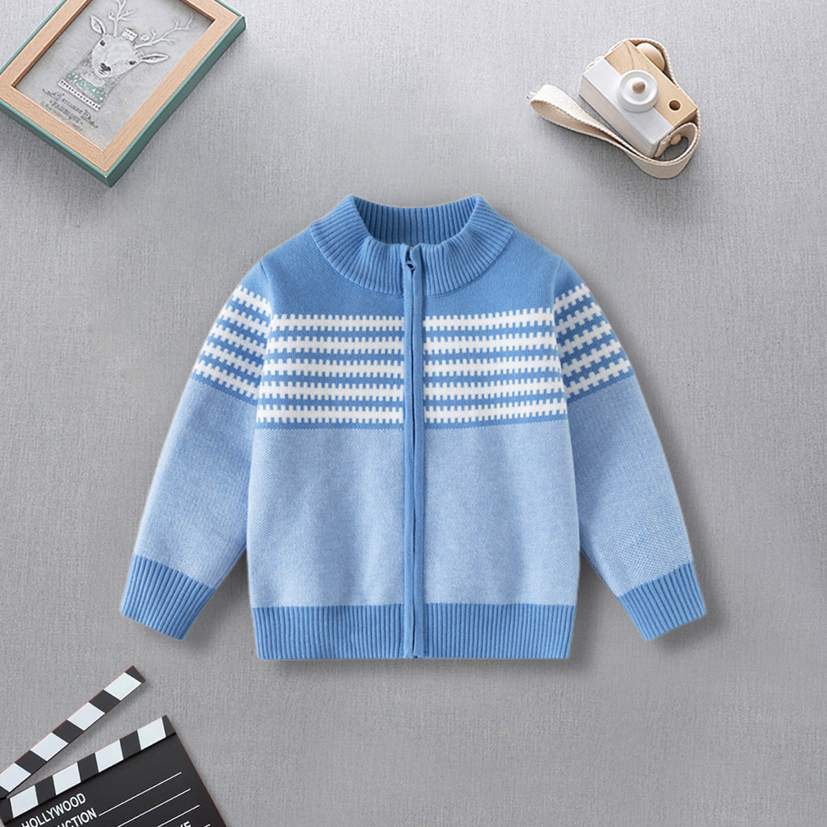 Boys Light Blue Front Zipper Cardigan With Self-Design Stripe Patterns Sweaters & Cardigans Light Blue 2-3 Y