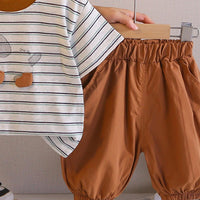Boys Grey Dog Print Striped T-Shirt with Elasticated Shorts Sets 2 pc. Sets