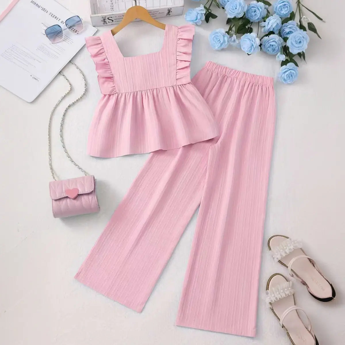 Girls Pink Stripes Sleeveless Peplum Top With Pants Set Sets