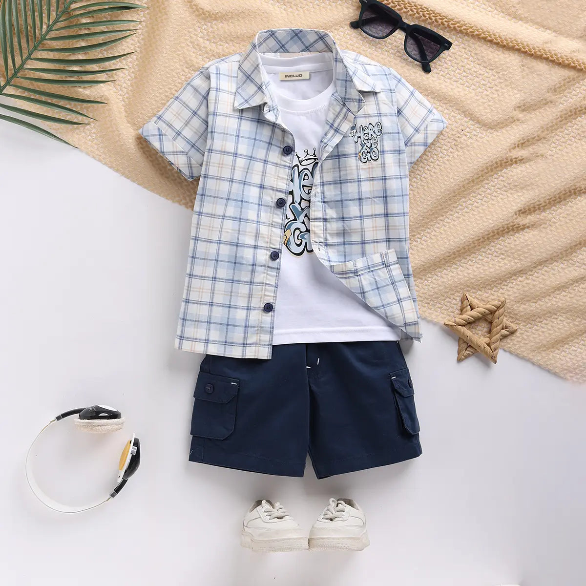 Boys Blue Checked Shirt With Printed T-Shirt And Twill Shorts Sets 3 pc. Sets Blue 9-12 M