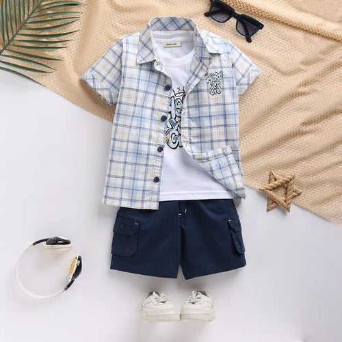 Boys Blue Checked Shirt With Printed T-Shirt And Twill Shorts Sets 3 pc. Sets Blue 9-12 M