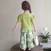 Girls Light Green Ruffled Sleeve Top with White Floral Pants Set Sets