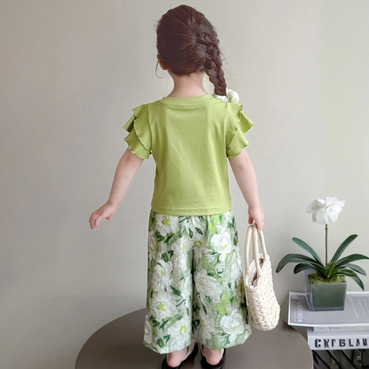 Girls Light Green Ruffled Sleeve Top with White Floral Pants Set Sets
