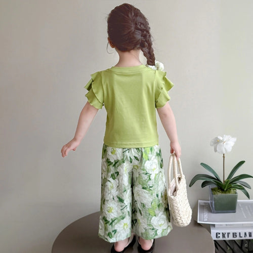 Girls Light Green Ruffled Sleeve Top with White Floral Pants Set Sets