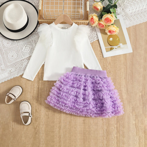 Girls Long Sleeves Top With Purple Tulle Ruffled Skirts Set Sets Purple 2-3 Y