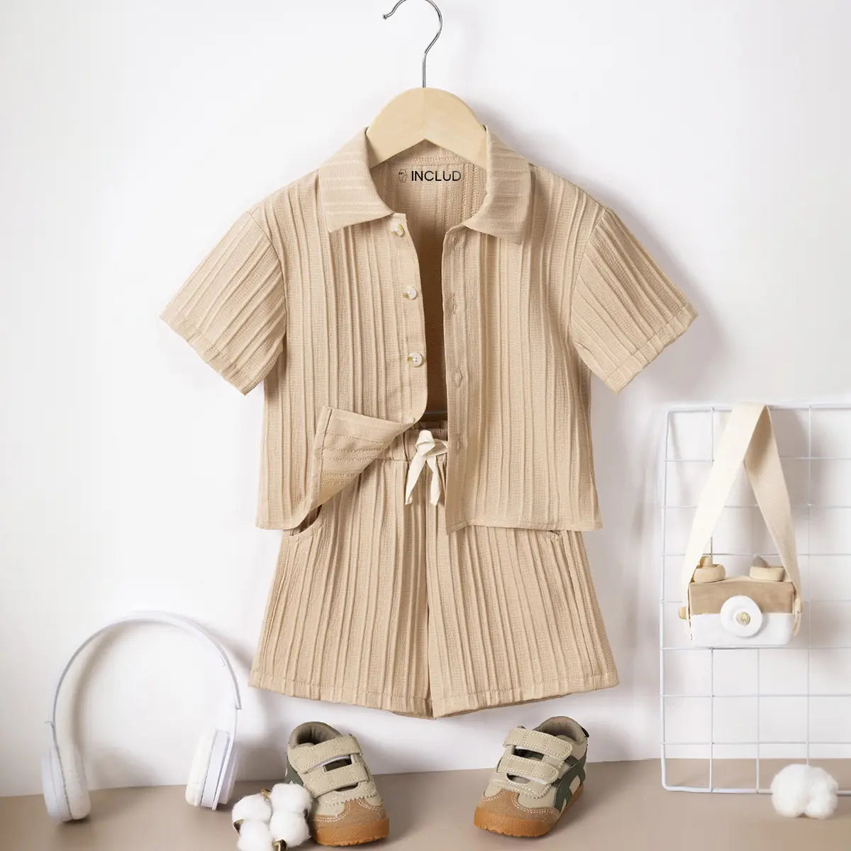 Boys Beige Stripe Short Sleeves Shirt With Shorts Co-ord Sets Sets Beige 1-2 Y