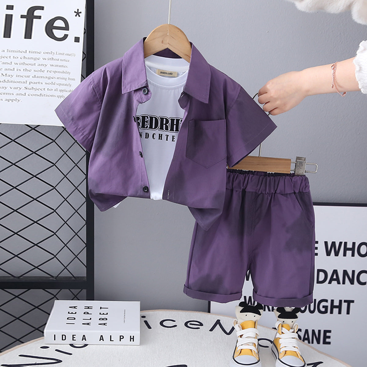 Boys Purple Short Sleeves Shirt With T-Shirt And Shorts Set 3 pc. Sets Purple 1-2 Y