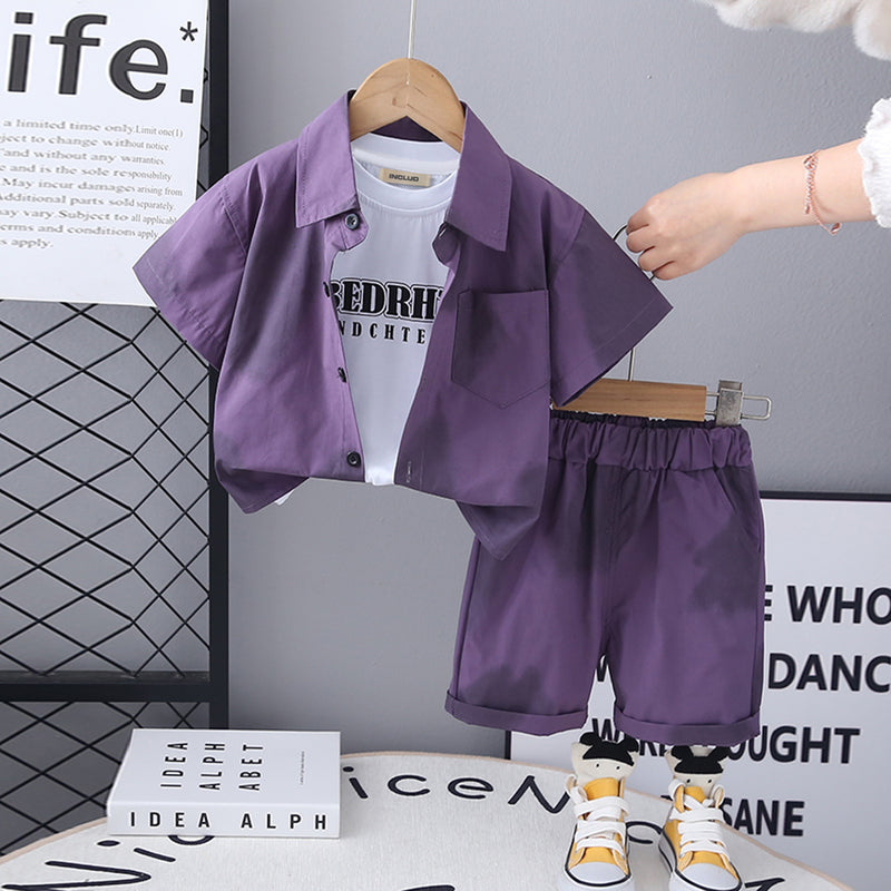 Boys Purple Short Sleeves Shirt With T-Shirt And Shorts Set 3 pc. Sets Purple 1-2 Y