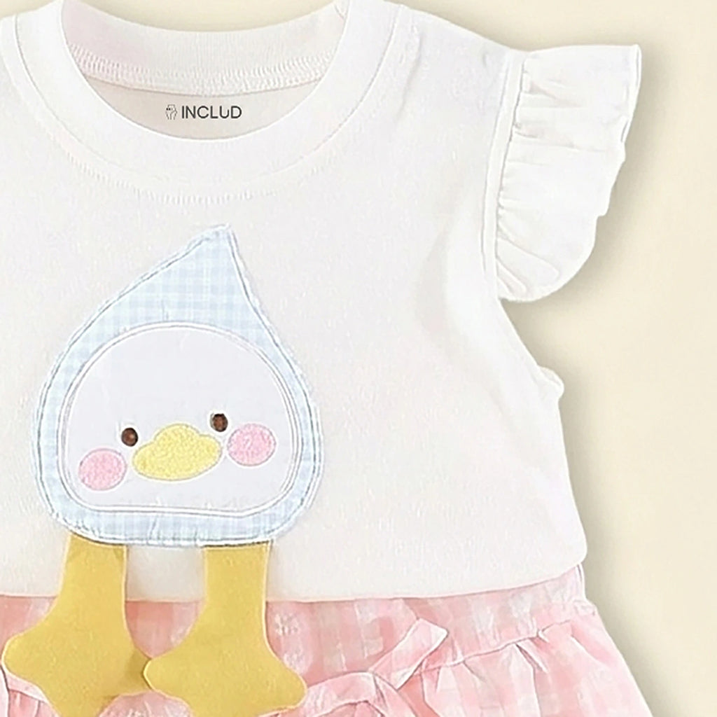 Girls White Duck Applique Top With Checked Shorts Sets Sets