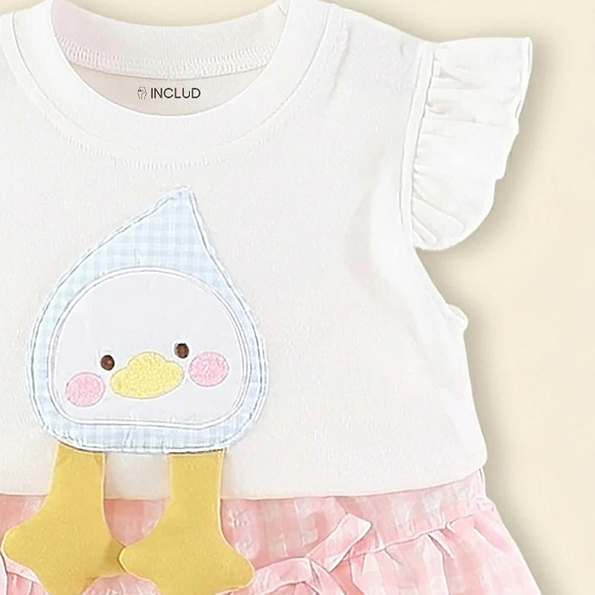 Girls White Duck Applique Top With Checked Shorts Sets Sets