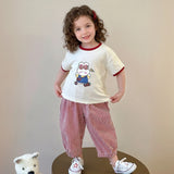 Girls Cream Graphics Short Sleeve T-shirts With Red Checked Pants Sets