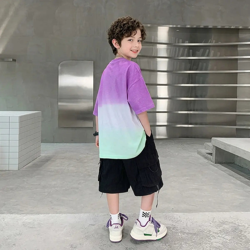 Boys Purple Ombre Print T-Shirt With Shorts Sets Sets