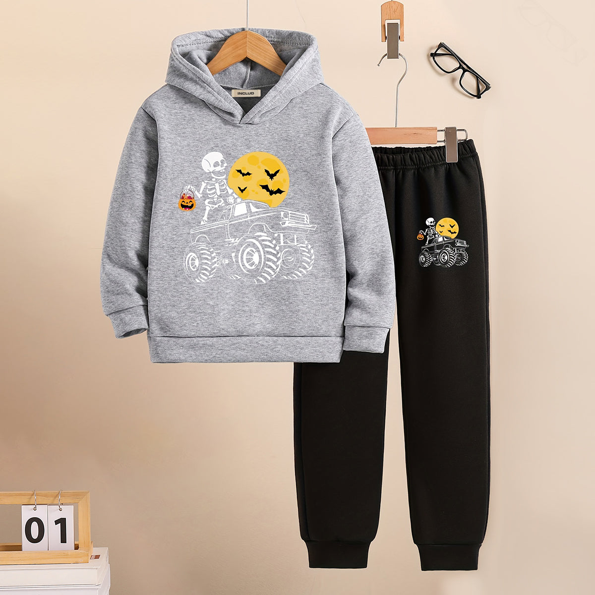 Boys Grey Melange Spooky Printed Hooded Sweatshirt with Joggers Set Sets Grey 5-6 Y