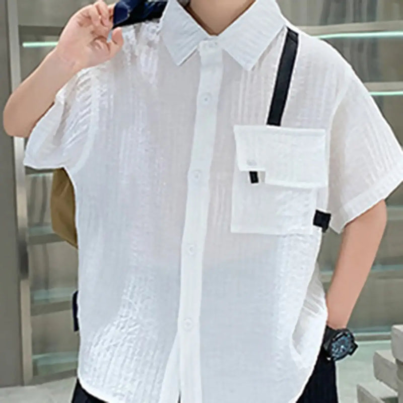 Boys White Textured Drop Shoulder Shirt With Shorts Sets Sets