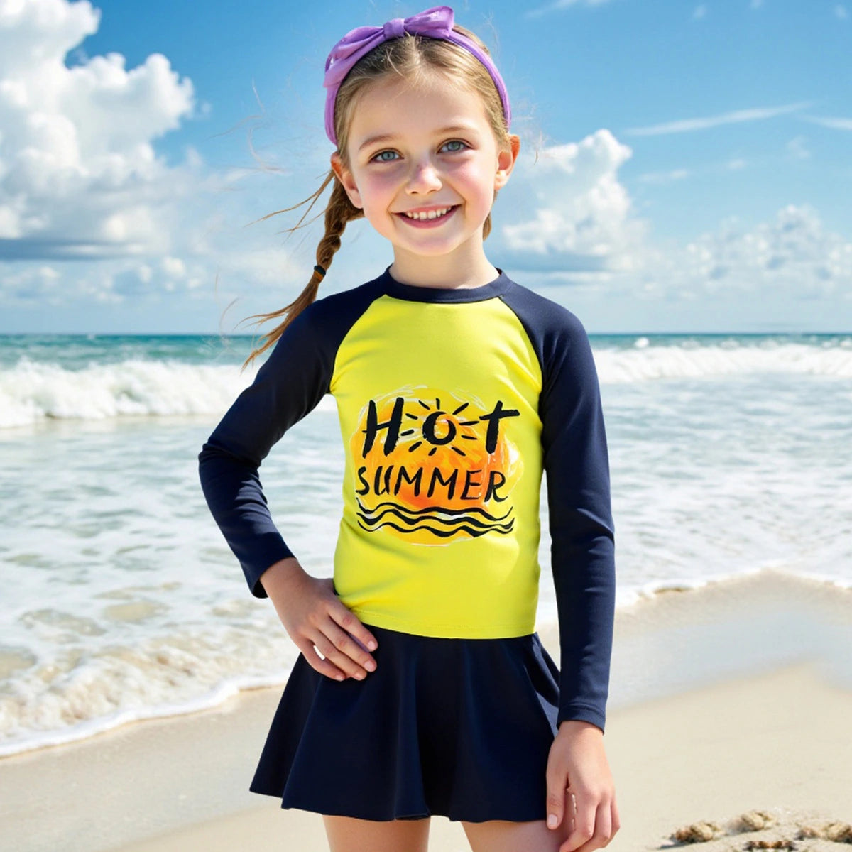 Girls Yellow Typographic Printed T-Shirt With Skorts Swimwear Sets Sets