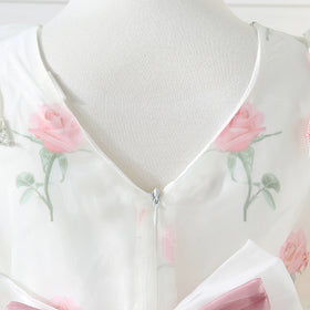Girls White Floral Printed Party Dress with Statement Back Bow Party Dresses