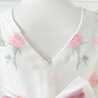 Girls White Floral Printed Party Dress with Statement Back Bow Party Dresses